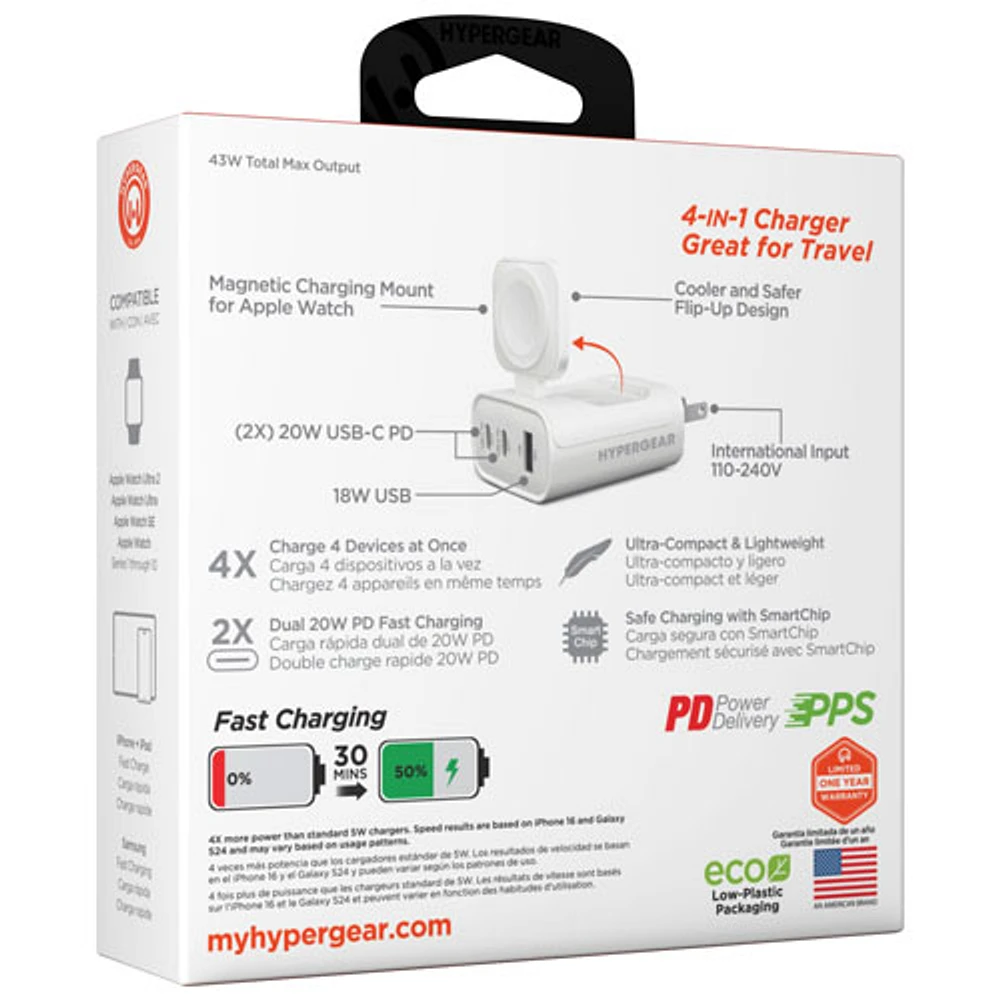 HyperGear SpeedBoost 43W 3-Port USB-C/USB-A/Apple Watch Wall Charger - White