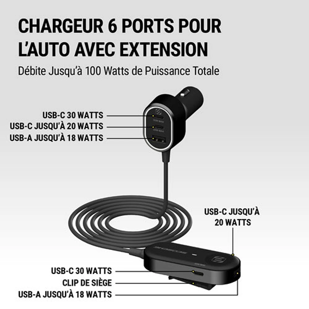 Scosche PowerVolt 100W PD 6-Port USB-C and USB-A Car Charger with 5’ Cable - Black