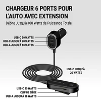Scosche PowerVolt 100W PD 6-Port USB-C and USB-A Car Charger with 5’ Cable - Black