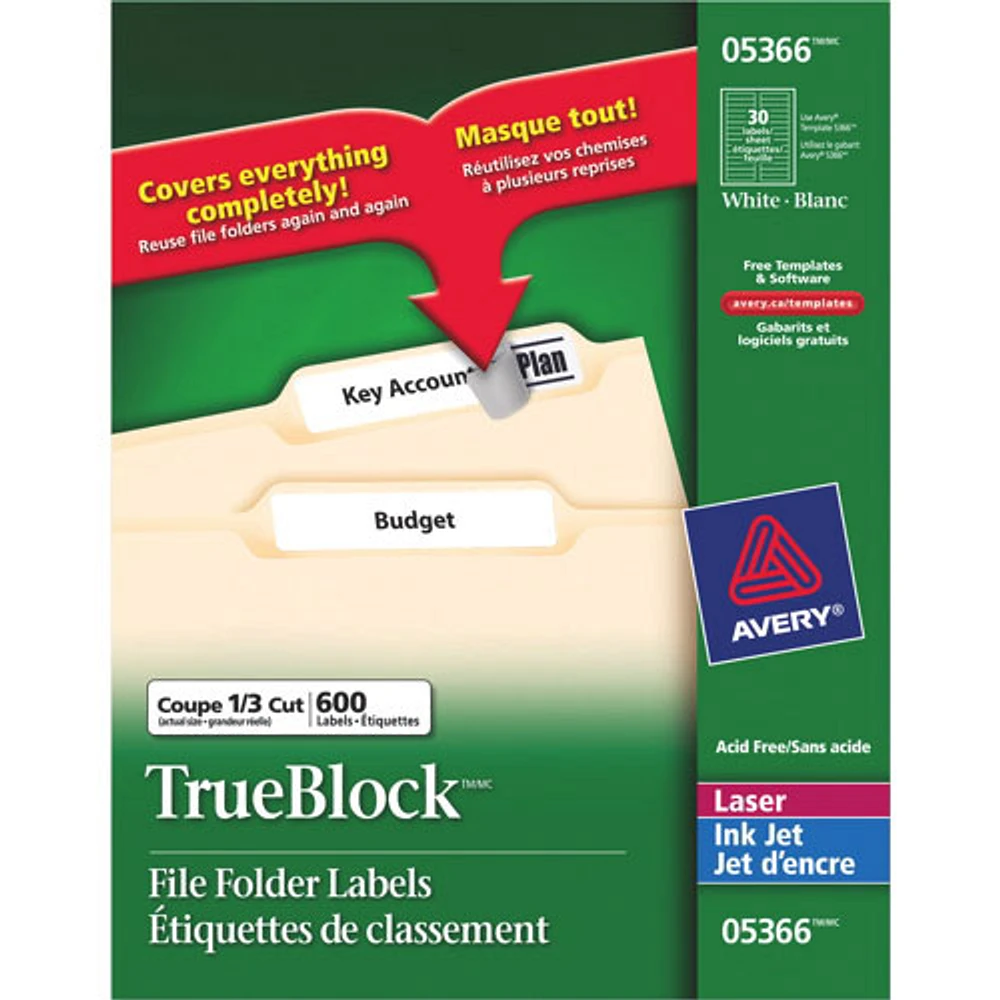 Avery TrueBlock 21/32" x 3-7/16" Laser/Inkjet File Folder Label - 600 Pack