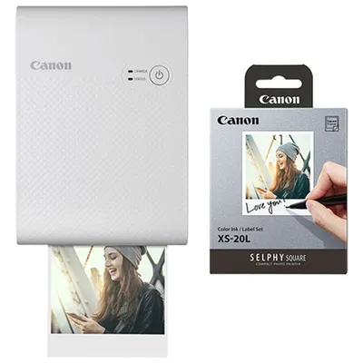 Canon SELPHY QX10 Square Compact Photo Printer With Colour Ink & Label Set - White