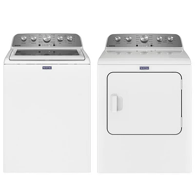 Laveuse à chargement par le haut HE 5,5 pi³ et sécheuse électrique à vapeur 7 pi³ de Maytag - Blanc