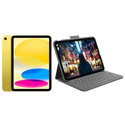 Apple iPad 10.9" 64GB Wi-Fi 6 (10th Generation) with Slim Folio Keyboard Case - Yellow/ Oxford Grey