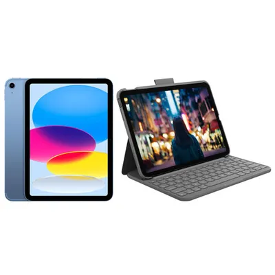 iPad 10,9 po 64 Go Wi-Fi 6 et 5G d'Apple (10e gén) et étui-clavier Slim Folio - Bleu/Gris Oxford