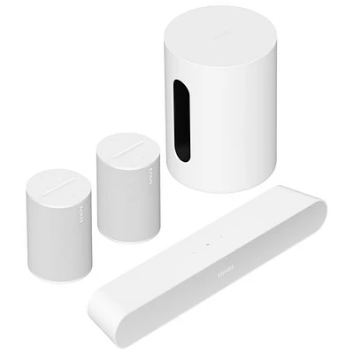Haut-parleur d'extrêmes graves sans fil Sub Mini, barre de son Ray et 2 haut-parleurs multipièces Era 100 de Sonos - Blanc