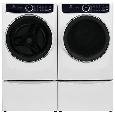 Laveuse à vapeur à chargement frontal 5,2 pi³ et sécheuse électrique à vapeur 8,0 pi³ d’Electrolux avec 2 socles de 27 po – Blanc