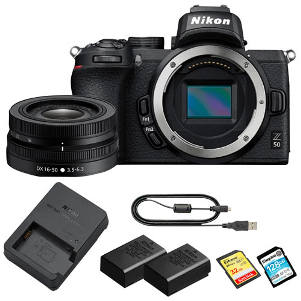 Nikon Z 50 Mirrorless Camera with 16mm-50mm Lens Kit, Extra Battery, & 128GB 170MB/s SDXC Memory Card