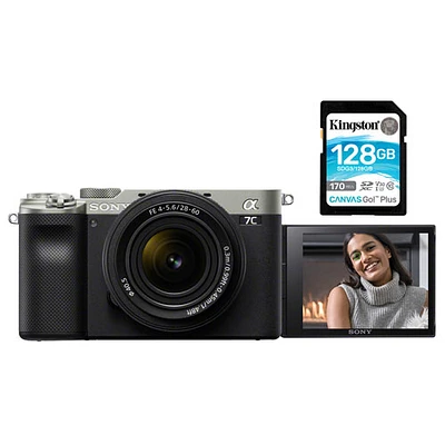 Sony Alpha 7C Full-Frame Mirrorless Camera with 28-60mm Lens Kit with 128GB Memory Card- Silver