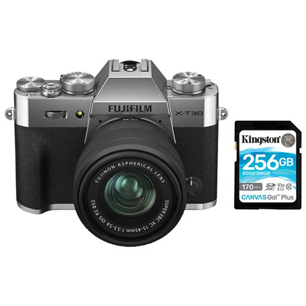 Fujifilm X-T30 II Mirrorless Camera with 15-45mm Lens Kit & 256GB SDXC Memory Card - Silver