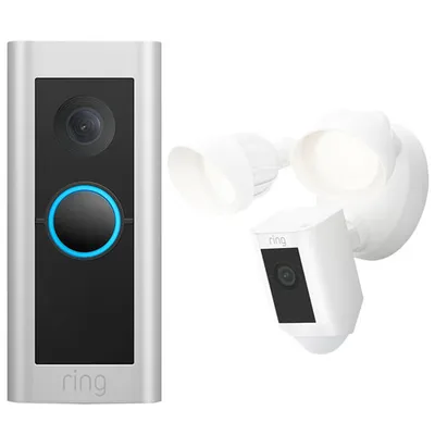 Ring Wi-Fi Video Doorbell Pro 2 & Floodlight Cam Wired Plus Outdoor 1080p HD IP Camera - Satin Nickel/White