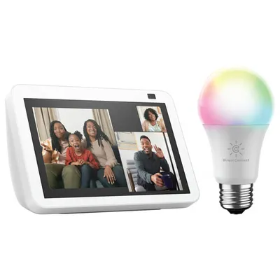 Amazon Echo Show 8 (2nd Gen) Smart Display with Alexa & Cync A19 Smart LED Light Bulb - Glacier White