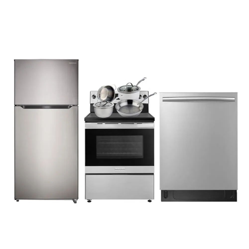 Insignia 30" 18 Cu. Ft. Top Freezer Refrigerator; Electric Range; Dishwasher; Cookware Set - Stainless Steel