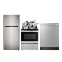 Insignia 30" 18 Cu. Ft. Top Freezer Refrigerator; Electric Range; Dishwasher; Cookware Set - Stainless Steel