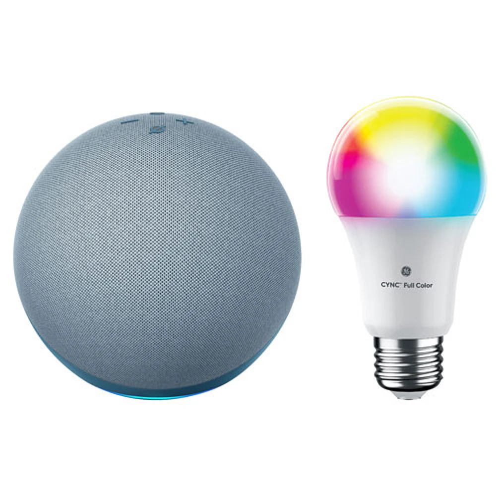 Amazon Echo (4th Gen) Smart Home Hub & GE Cync A19 Smart LED Light Bulb - Twilight Blue/Multi-Colour