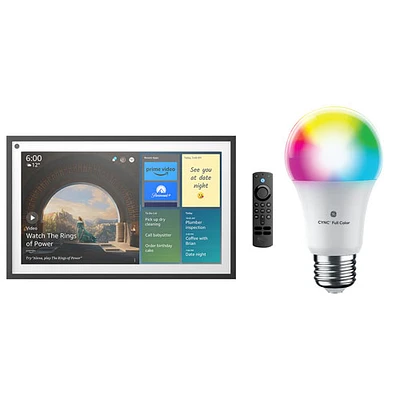 Amazon Echo Show 15.6" Smart Display & GE Cync A19 Smart LED Light Bulb - Black/White/Multi-Colour