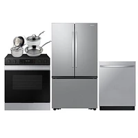 Samsung 30" 6.3 Cu. Ft.5-Element Slide-In Electric Range; Refrigerator; Dishwasher; Cookware Set - SS
