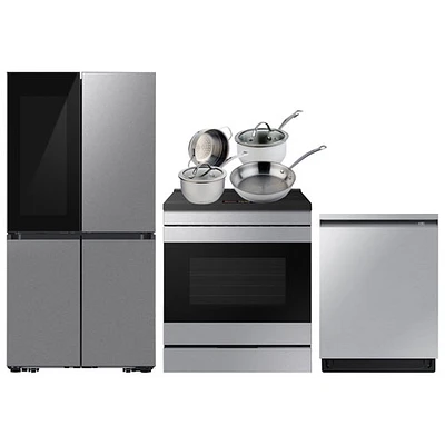 Samsung BESPOKE 36" 22.8 Cu. Ft. 4-Door French Door Refrigerator; Range; Dishwasher; Cookware Set - SS
