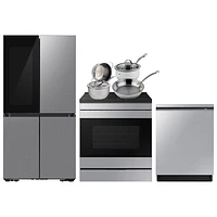 Samsung BESPOKE 36" 22.8 Cu. Ft. 4-Door French Door Refrigerator; Range; Dishwasher; Cookware Set - SS