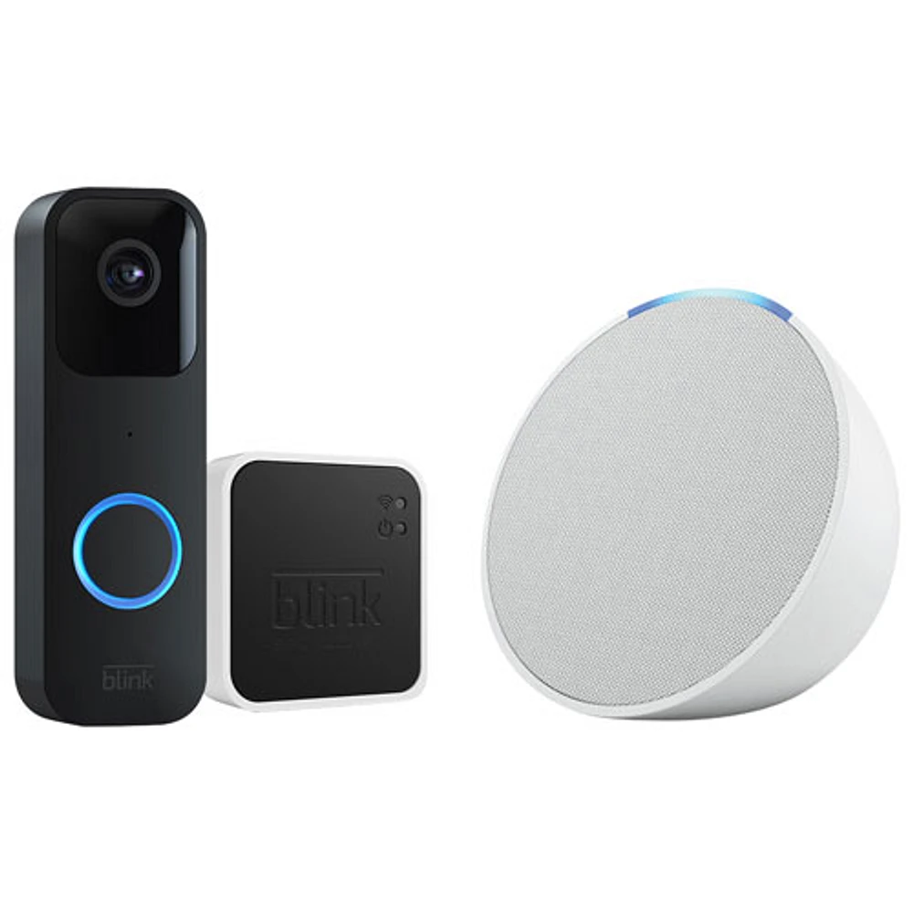 Blink Wired/Wire-Free Video Doorbell with Sync Module 2 & Amazon Echo Pop Smart Speaker