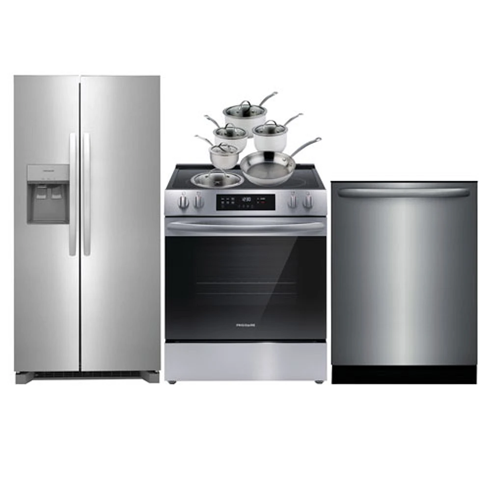 Frigidaire 33" 22.3 Cu. Ft. Side-By-Side Refrigerator; Electric Range; Dishwasher; Cookware Set - Stainless