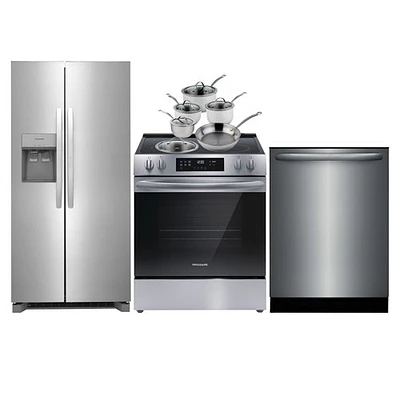 Réfrigérateur à congélateur juxtaposé 33 po 22,3 pi³ de Frigidaire; Cuisinière électrique; Lave-vaisselle; Batterie de cuisine - Acier inoxydable