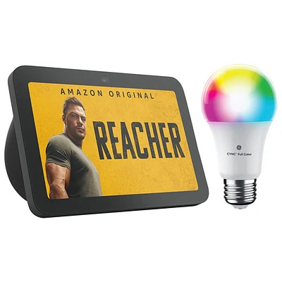 Amazon Echo Show 8 (3rd Gen) Smart Display w/Spatial Audio/Alexa & GE Cync A19 Smart LED Light Bulb - Charcoal