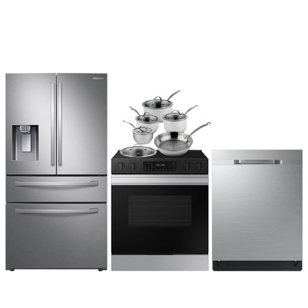 Samsung 36" 28 Cu. Ft. French Door Refrigerator; Range; Dishwasher; Cookware Set - Stainless Steel