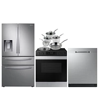 Samsung 36" 28 Cu. Ft. French Door Refrigerator; Range; Dishwasher; Cookware Set - Stainless Steel