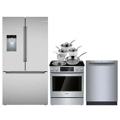 Bosch 36" 26 Cu. Ft. French Door Refrigerator; Range; Dishwasher; Cookware Set - Stainless Steel