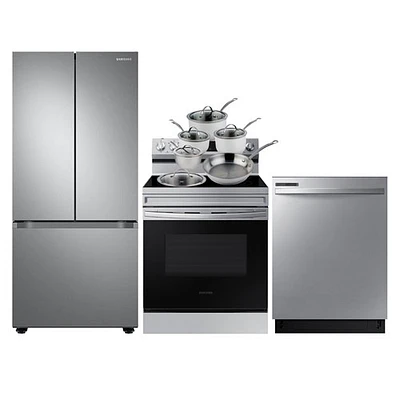 Réfrigérateur à deux portes 22,1 pi³ 30 po; Cuisinière électrique; Lave-vaisselle de Samsung; Batterie de cuisine - Acier inoxydable