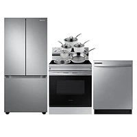 Samsung 30" 22.1 Cu. Ft. French Door Refrigerator; Electric Range; Dishwasher; Cookware Set - Stainless Steel