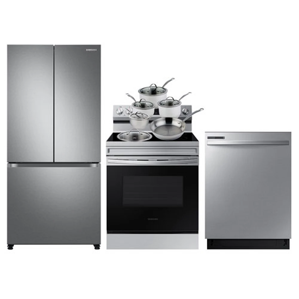 Samsung 33" 17.5 Cu. Ft. Counter-Depth French Door Refrigerator; Range; Dishwasher; Cookware Set - SS