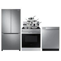 Samsung 33" 17.5 Cu. Ft. Counter-Depth French Door Refrigerator; Range; Dishwasher; Cookware Set - SS