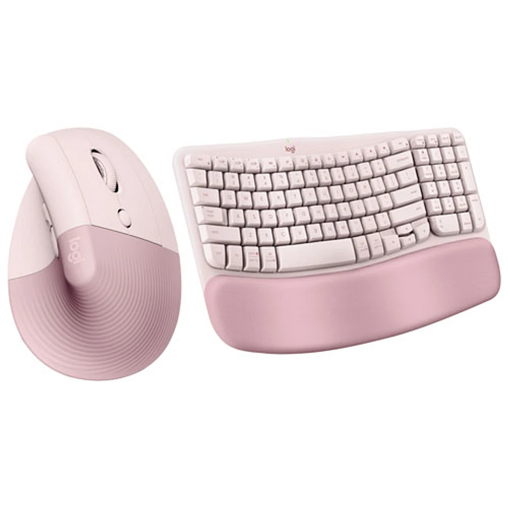 Souris verticale ergonomique sans fil 4000 ppp Lift de Logitech avec clavier ergonomique sans fil Wave Keys - Rose