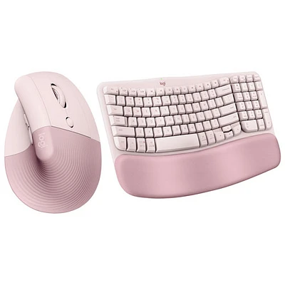 Souris verticale ergonomique sans fil 4000 ppp Lift de Logitech avec clavier ergonomique sans fil Wave Keys - Rose