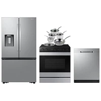 Samsung 36" 30.5 Cu. Ft. French Door Refrigerator; Electric Range; Dishwasher; Cookware Set - Stainless Steel