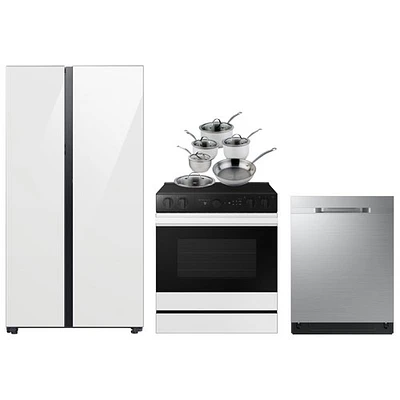 Samsung 36" 22.6 Cu. Ft. Side-By-Side Refrigerator; Electric Range; Dishwasher; Cookware Set - White