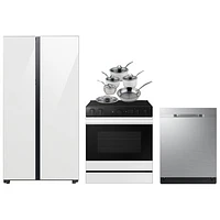 Samsung 36" 22.6 Cu. Ft. Side-By-Side Refrigerator; Electric Range; Dishwasher; Cookware Set - White