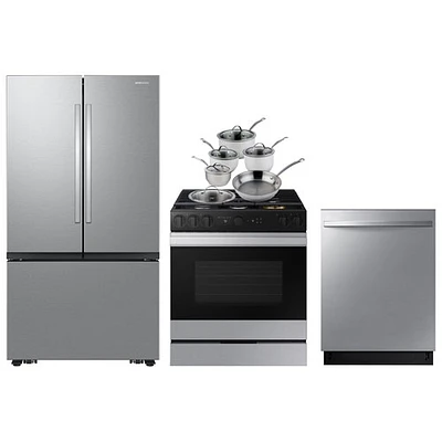 Réfrigérateur à deux portes SpaceMax 26,5 pi³ 36 po; Cuisinière à gaz; Lave-vaisselle de Samsung; Batterie de cuisine - Acier inoxydable