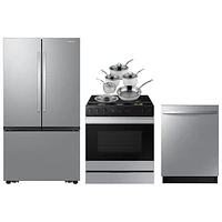 Samsung 36" 26.5 Cu. Ft. French Door SpaceMax Refrigerator; Gas Range; Dishwasher; Cookware Set - Stainless