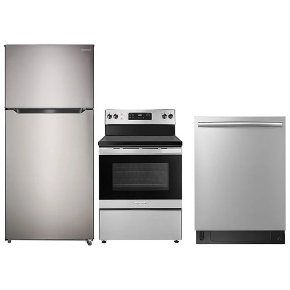 Insignia 30" 18 Cu. Ft. Top Freezer Refrigerator; Electric Range; Dishwasher - Stainless Steel