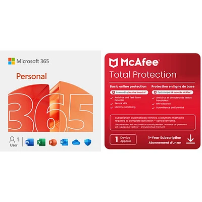 Microsoft 365 Personal (PC/Mac) & McAfee Total Protection (Win/Mac/Android/iOS) -1 User -1 Yr -Digital Download