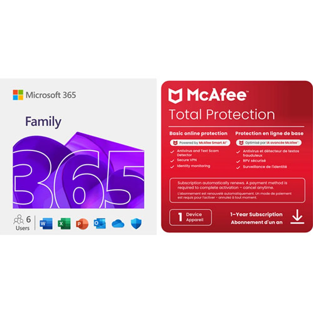 Microsoft 365 Family (PC/Mac) & McAfee Total Protection (Win/Mac/Android/iOS) -6 User -1D -1Y -Digital Download