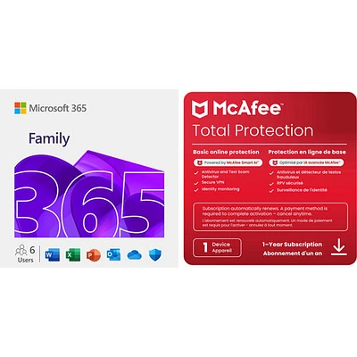 Microsoft 365 Family (PC/Mac) & McAfee Total Protection (Win/Mac/Android/iOS) -6 User -1D -1Y -Digital Download