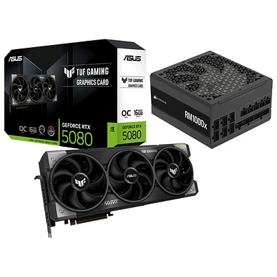 Carte graphique TUF Gaming GeForce RTX 5080 OC Edition GDDR7 de 16 Go d'ASUS et bloc d'alimentation ATX RMx de 1000 W de Corsair