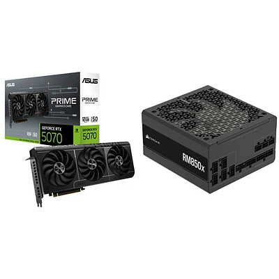 Carte graphique Prime GeForce RTX 5070 GDDR7 12 Go d'ASUS et bloc d'alimentation modulaire ATX RMx 850 W de Corsair