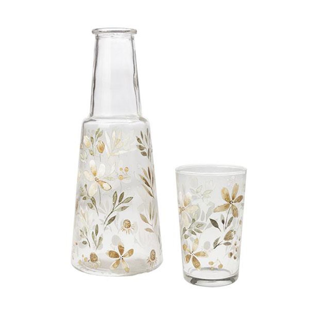 Botella y vaso estampado floral