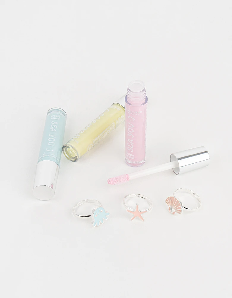 Set de 3 mini brillos labiales infantiles under the sea con anillitos ajustables