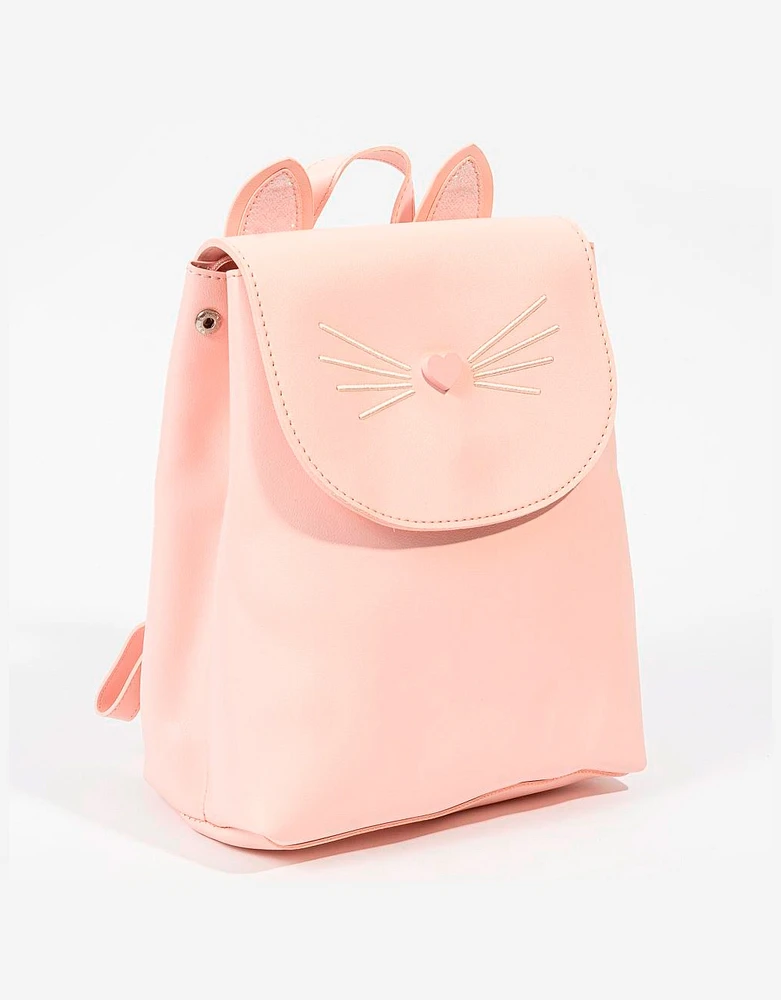 Mochila de cuero sintético de solapa con cara de gatito y orejas