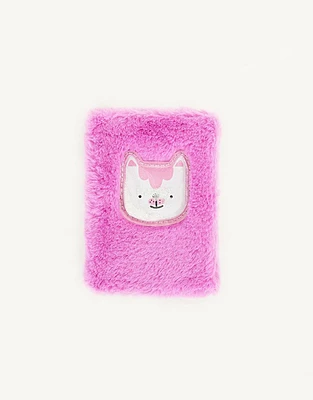Cuaderno peludo con aplique de gatito inflado con glitter.